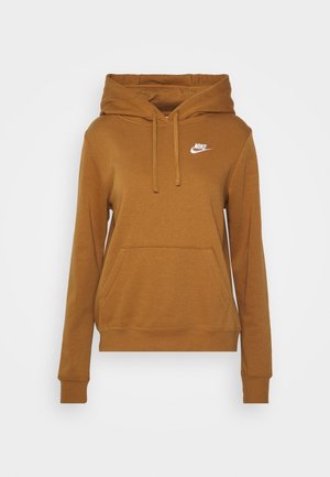 Brązowa bluza Nike z kapturem, kieszenią z przodu, regulowanym kapturem, długimi rękawami i białym logo na lewej piersi.