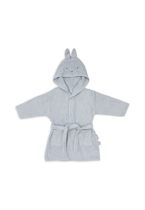 Peignoir à capuche bleu clair pour enfant avec oreilles de lapin, visage brodé sur la capuche, poches avant et ceinture nouée à la taille.