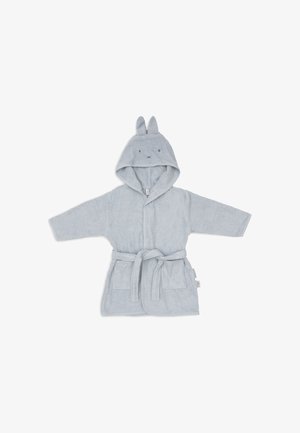 Peignoir à capuche bleu clair pour enfant avec oreilles de lapin, visage brodé sur la capuche, poches avant et ceinture nouée à la taille.