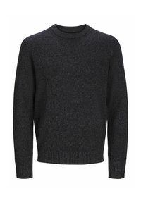 Pull en maille gris foncé, col rond, manches longues, poignets et ourlet côtelés, tissu texturé avec un motif uniforme, style polyvalent.