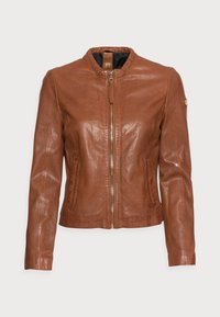 Hnědá kožená bunda se zipem vpředu, kulatým límcem, dvěma bočními kapsami a dekoračním prošíváním podél zipu. Hladká textura.