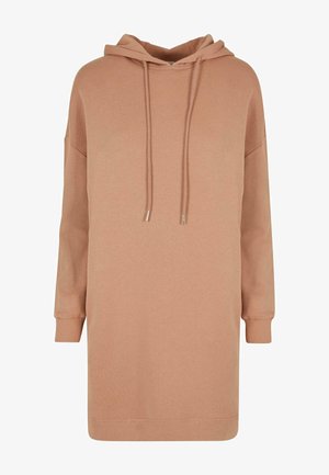 Vestido sudadera con capucha en rosa empolvado, presenta un corte relajado, mangas largas y cordón con herrajes plateados, fabricado en un tejido suave.