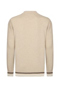 Beež sv sweater, millel on tekstuurne muster, ümar kaelus ja pikad varrukad. Hemmi ja mansettide ääres on pruunid ja valged triibud.