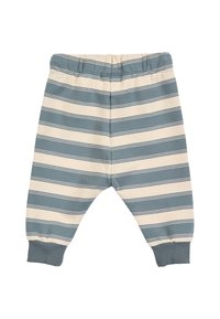 Striped toddler pants in soft cotton fabric. Features alternating blue and cream horizontal stripes, elastic waist, and ribbed cuffs.