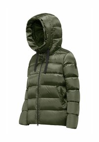 Groene pufferjas met capuchon, voorzien van een quilted ontwerp, een voorkant met ritssluiting en zwarte koorden. Gemaakt van een gladde, glanzende stof.