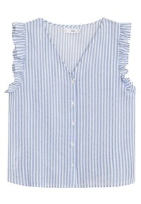 Blusa senza maniche a strisce blu e bianche con scollo a V, caratterizzata da bordi arricciati e chiusura frontale con bottoni. Tessuto leggero, design casual.