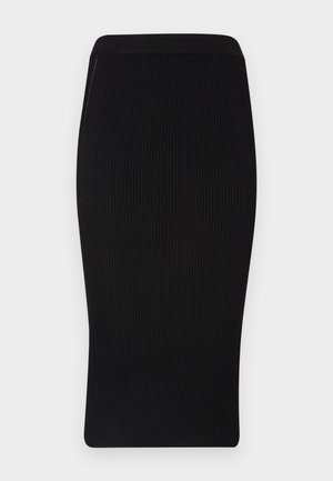 Fustă creion neagră cu textură striată, cu o siluetă ajustată, talie netedă și un design până la genunchi. Fabricată dintr-un material elastic, texturat.