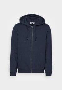 Felpa con zip di colore blu navy realizzata in misto cotone, con cappuccio regolabile, tasche frontali e polsini e orlo a coste.