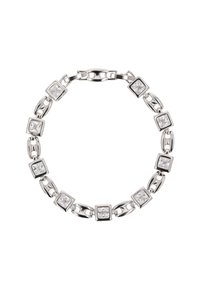 Bracciale in argento con gemme quadrate e trasparenti inserite in un modello a link rettangolari, dotato di una chiusura sicura.