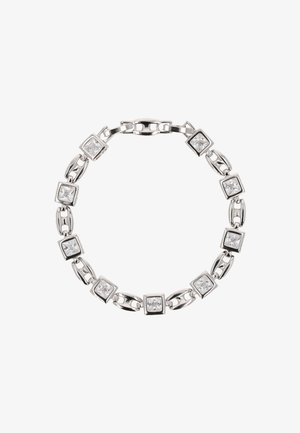 Hopeaketju hopeasta, jossa neliömäiset, kirkkaat kivet on asetettu suorakulmaiseen linkkipatterniin, ja turvallinen solki sulkemista varten.