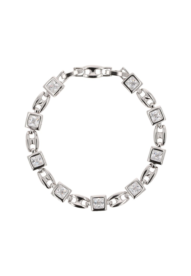 Bracciale in argento con gemme quadrate e trasparenti inserite in un modello a link rettangolari, dotato di una chiusura sicura.