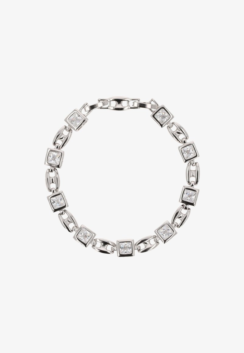 Bracciale in argento con gemme quadrate e trasparenti inserite in un modello a link rettangolari, dotato di una chiusura sicura.