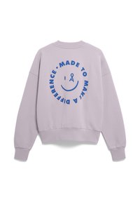 Lavendel Baumwoll-Sweatshirt mit einem runden Grafikdesign, das ein lächelndes Gesicht und den Text "MADE TO MAKE A DIFFERENCE" in Blau zeigt. Klassischer Rundhalsausschnitt.
