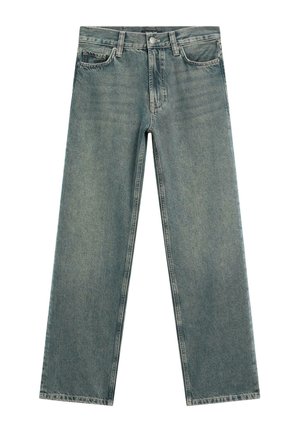 Helle blaue weite Jeans mit einem verblassten Design, ausgestattet mit einem Frontknopfverschluss, fünf Taschen und einem strapazierfähigen Denim-Material.