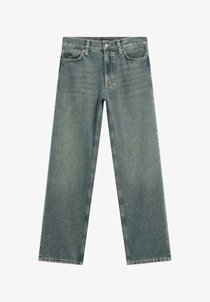 Jasnoniebieskie dżinsy o szerokich nogawkach z przetartym wzorem, z zapięciem na guzik z przodu, pięcioma kieszeniami oraz mocnym materiałem dżinsowym.