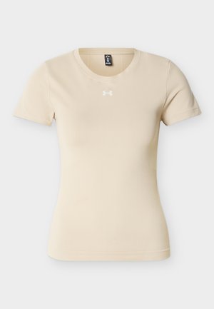 Beige Under Armour atletisk kortermet skjorte, tettsittende, med rund hals og liten logo sentrert under halslinningen.