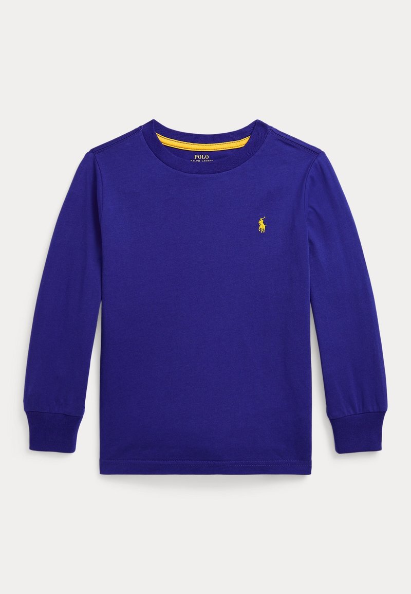 Fioletowa koszula z długim rękawem wykonana z bawełny, z okrągłym dekoltem. Na piersi małe żółte logo polo oraz ściągacze na mankietach.