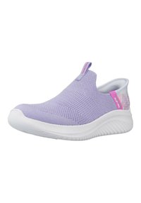 Scarpa slip-on viola chiaro con tomaia in maglia testurizzata, suola bianca e dettagli rosa sul tallone e sul colletto. Forma arrotondata per il massimo comfort.