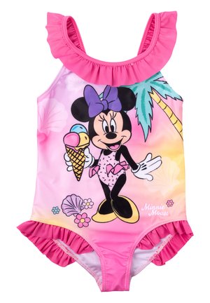 Rosa Badeanzug mit Rüschen-Trägern, einem Minnie Mouse Motiv und einem Strand-Thema mit Palmen und Muscheln.