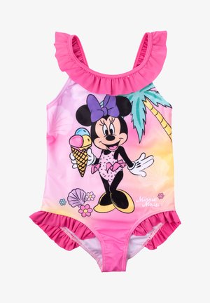 Rosa Badeanzug mit Rüschen-Trägern, einem Minnie Mouse Motiv und einem Strand-Thema mit Palmen und Muscheln.