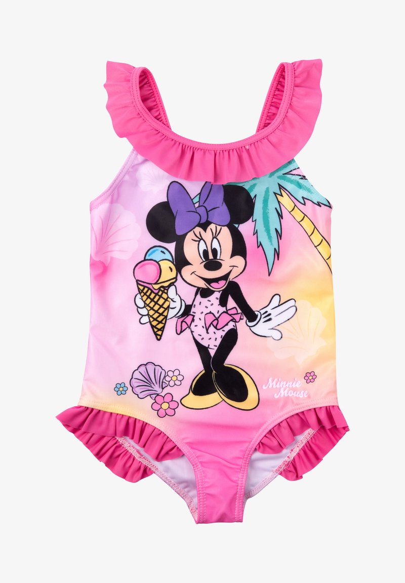 Costume da bagno intero rosa con spalline arricciate, grafica di Minnie Mouse e tema da spiaggia con palme e conchiglie.