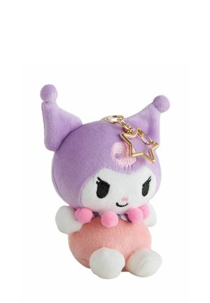 Small plush toy with a purple jester hat, pink collar, white face and limbs, and a gold star keychain attached on top.