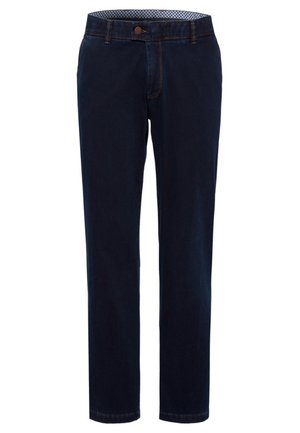 Dunkelblaue Jeans mit geradem Bein, versehen mit Nähten, einem vorderen Knopfverschluss und einer gemusterten Innenausstattung des Bündchens.