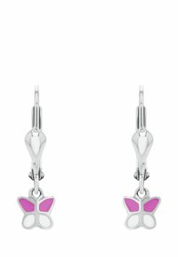 Orecchini in argento con design a forma di farfalla e accenti in smalto rosa e bianco. Chiusura a leva per una vestibilità sicura.
