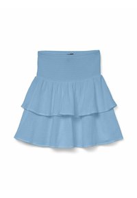 Mini gonna azzurro chiaro a strati realizzata in tessuto testurizzato. Presenta un elastico in vita e due strati arricciati per un volume extra.