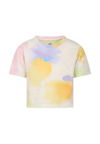 T-shirt corto in cotone, con un motivo tie-dye nei toni pastello di giallo, viola e rosa. Logo Nike in blu sul davanti.