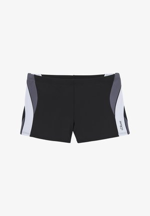Schwarze Badeshorts mit sportlichem Design, ausgestattet mit grauen und weißen, geschwungenen Seitenpanelen und einem bestickten Logo auf der Vorderseite.