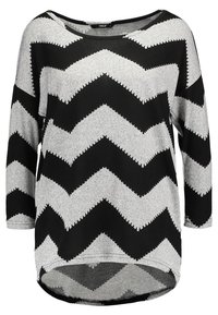 Maglietta a maniche lunghe a righe nere e grigie con motivo a zigzag, colletto rotondo e design con orlo asimmetrico. Tessuto morbido.