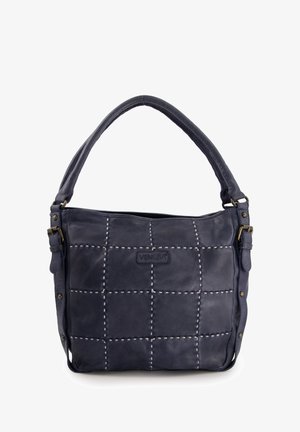 Leren handtas in marineblauw met een gequilt ontwerp, witte stikselaccenten en een schouderriem met bronzen hardware.