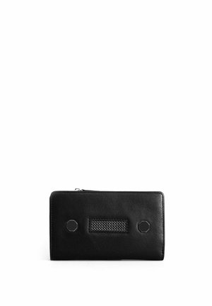 Black leather wallet featuring a rectangular shape, mesh detail, and hexagonal hardware accents. Smooth texture with a zip closure.