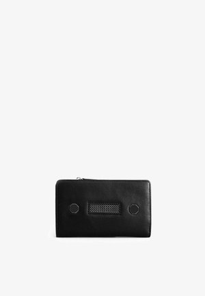 Black leather wallet featuring a rectangular shape, mesh detail, and hexagonal hardware accents. Smooth texture with a zip closure.