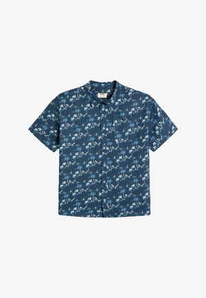Koszula z krótkim rękawem w ciemnoniebieskim kolorze, z białym wzorem palm i żaglówki, zapinana na guziki, z kieszonką.