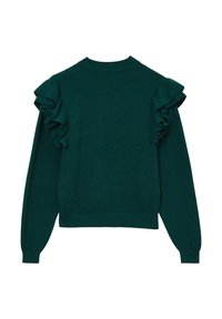 Türkisfarbener Pullover mit gefütterten Schulterakzenten, langen Ärmeln und rundem Halsausschnitt. Hergestellt aus weichem Stoff mit glatter Textur und geripptem Saum.