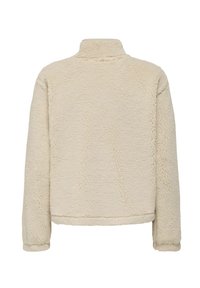 Veste en polaire beige et confortable avec un col haut, une surface texturée et des manches longues. Présente un ourlet droit et un matériau doux et pelucheux.
