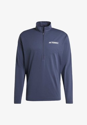 Navy blue long-sleeve pullover with a half-zip collar. Features Terrex logo in white on the chest, made from soft, textured fabric.