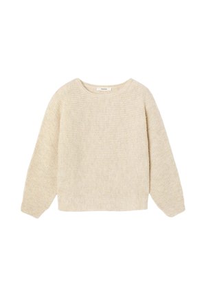 Pull beige en tricot avec un col rond, des manches longues et des poignets côtelés. Le tissu présente un motif texturé pour plus de détails.