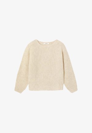 Pull beige en tricot avec un col rond, des manches longues et des poignets côtelés. Le tissu présente un motif texturé pour plus de détails.