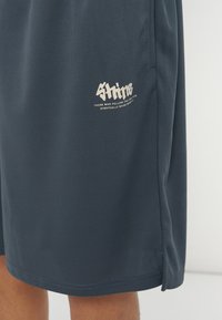 Shorts en mesh gris foncé avec une couture latérale et un logo texte blanc affichant "Stino" avec un texte plus petit en dessous sur la jambe gauche.