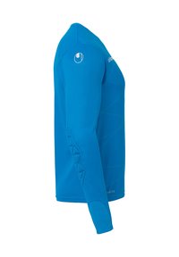 T-shirt de sport à manches longues en tissu bleu vif avec des détails texturés sur les manches et un motif géométrique subtil sur le devant.