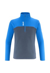 Fleece-Pullover in Blau und Grau, mit einem Kragen-Design mit halbem Reißverschluss, strukturiertem Stoff und Logodetail auf der Brust.