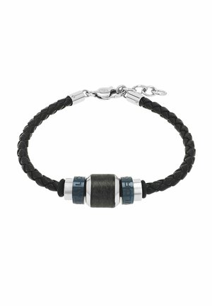 Czarna pleciona skórzana bransoletka z srebrnymi i ciemnoniebieskimi cylindrycznymi koralikami oraz srebrnym zapięciem na karabińczyk z regulowanym łańcuszkiem.