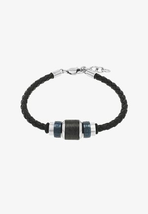 Bracciale intrecciato in pelle nera con perline cilindriche argento e blu scuro e chiusura a moschettone in argento con catena regolabile.
