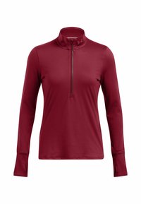 Top atletico a maniche lunghe color marsala con collo a zip a quarti, realizzato in tessuto liscio e elasticizzato. Presenta fori per il pollice nei polsini per maggiore comfort.