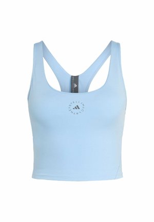 Top sportivo corto azzurro chiaro con design a spalline incrociate e logo circolare "Stella McCartney Adidas" al centro davanti.