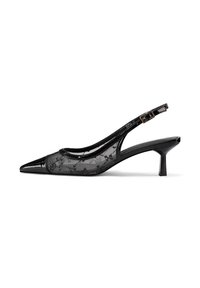 Décolleté slingback in pelle verniciata nera con punta affusolata, sovrapposizione in pizzo floreale trasparente e tacco basso a blocco. Include una cinturino alla caviglia regolabile.