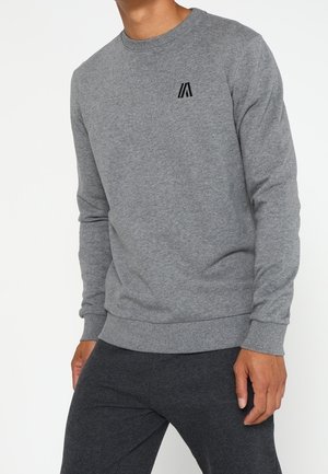Uomo con felpa grigia semplice a maniche lunghe con un piccolo logo nero sul petto sinistro, abbinata a pantaloni grigio scuro.